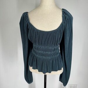 ASTR The Label Teal Peasant Peplum Top Smocked Medium Regency Feminine Scoop